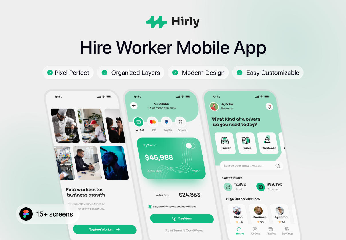 Hire Worker Mobile App - Mobile design asset by ui8