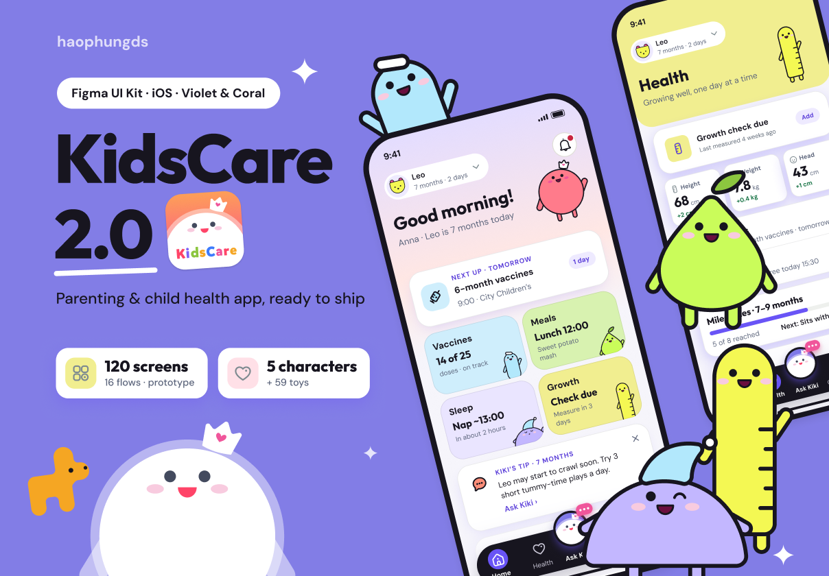 KidsCare 2.0 – Parenting & Child Health App UI Kit - Mobile design asset by UI8