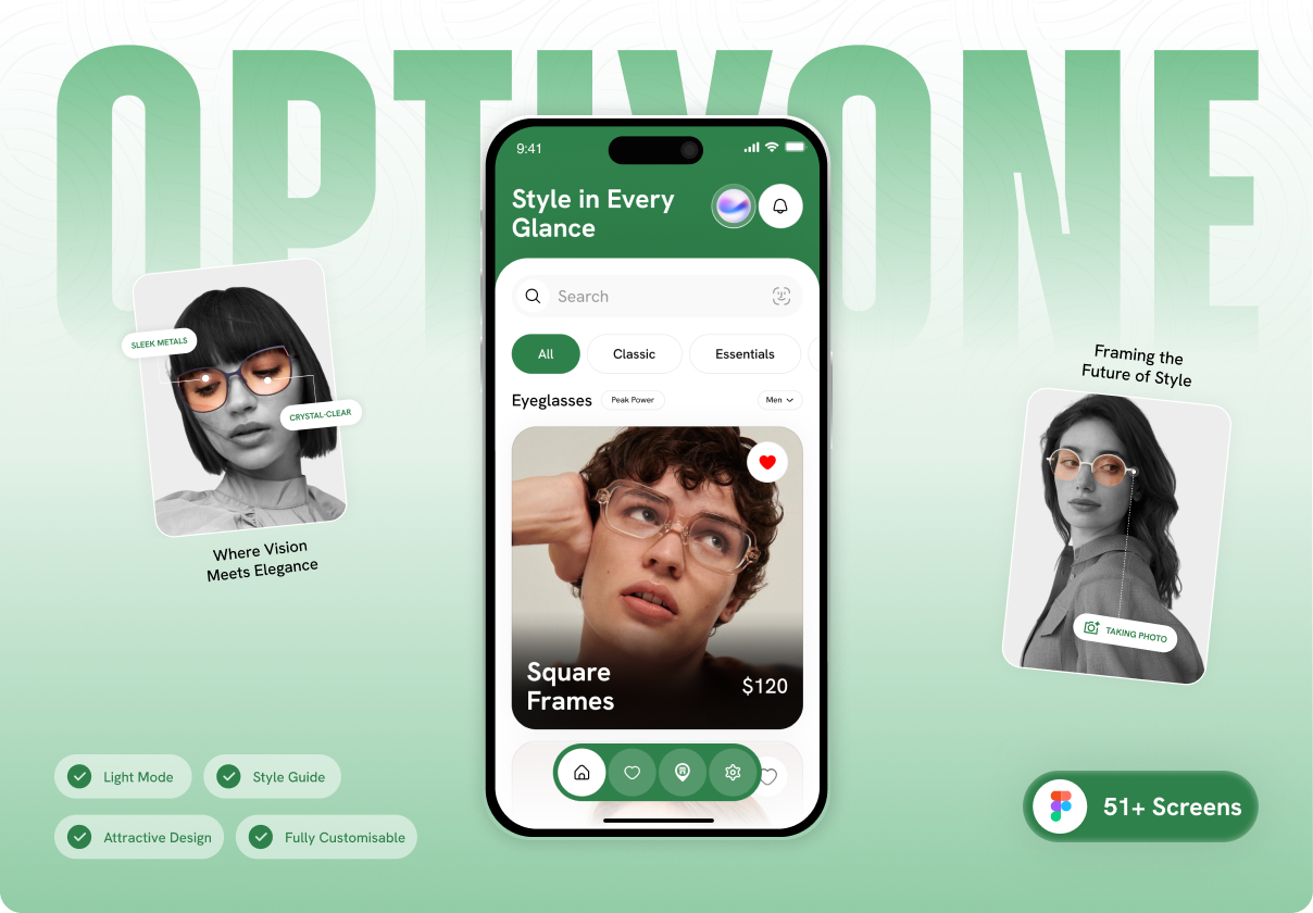 OptixOne – Figma Eyewear App UI Kit | Mobile Ecommerce Glasses Store Template