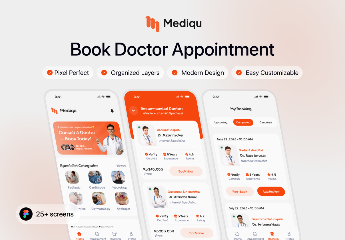Mediqu - Book Doctor Appointment - Mobile design asset by ui8