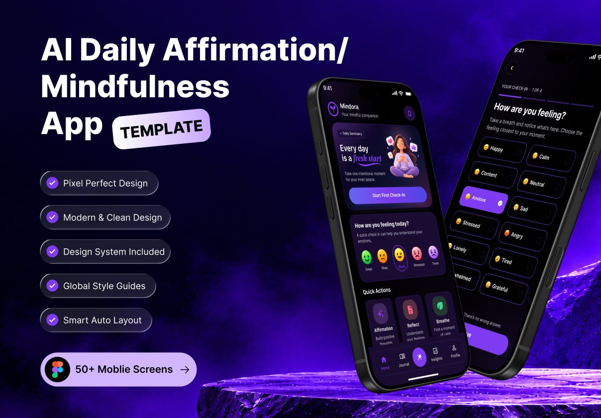 AI Mindfulness & Affirmation App UI Kit for Figma - Mobile design asset by UI8