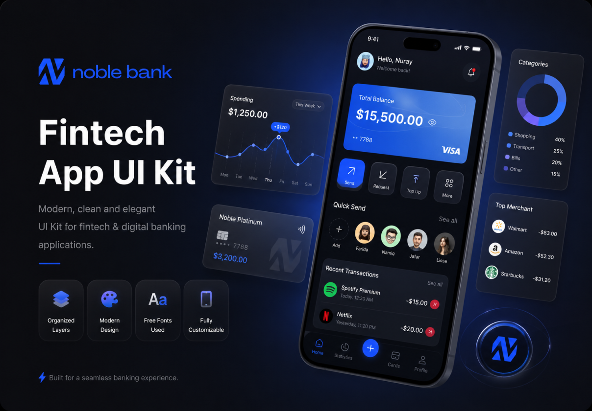 Noble Fintech App UI Kit - Mobile design asset by ui8