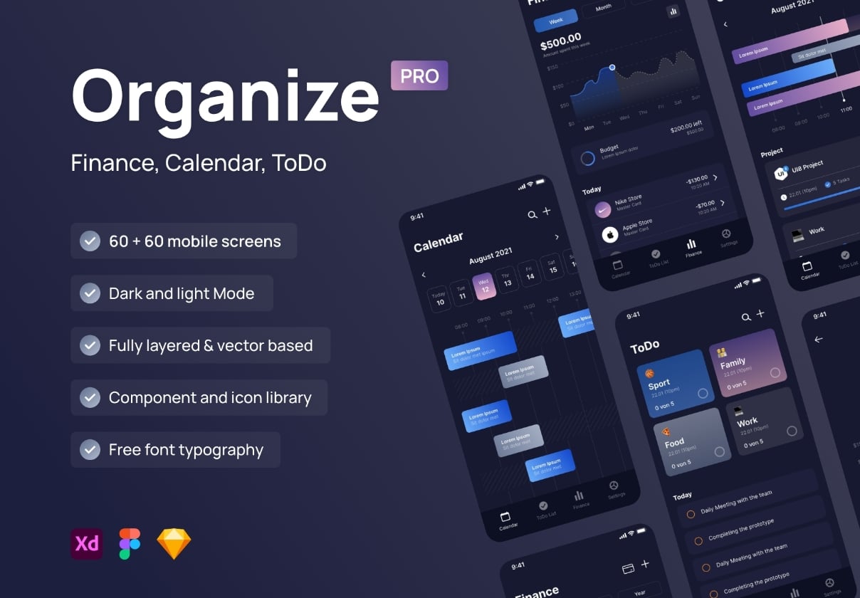 Organize Pro – Finance, Calendar and ToDo UI Kit