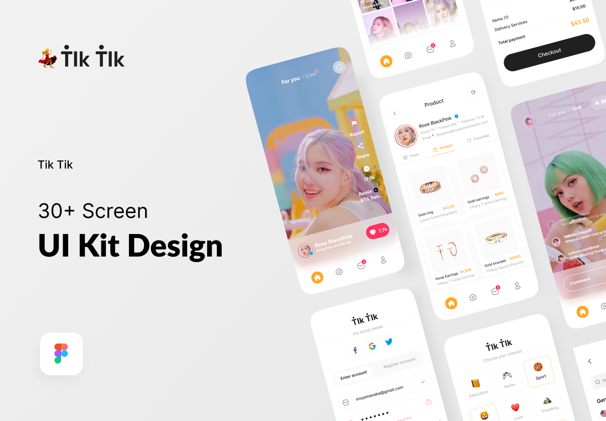 Tik Tik - Social Media UI KIT 💃: A 30+ screen Figma UI kit for creator and live-shopping apps, covering feed, product, and checkout flows.