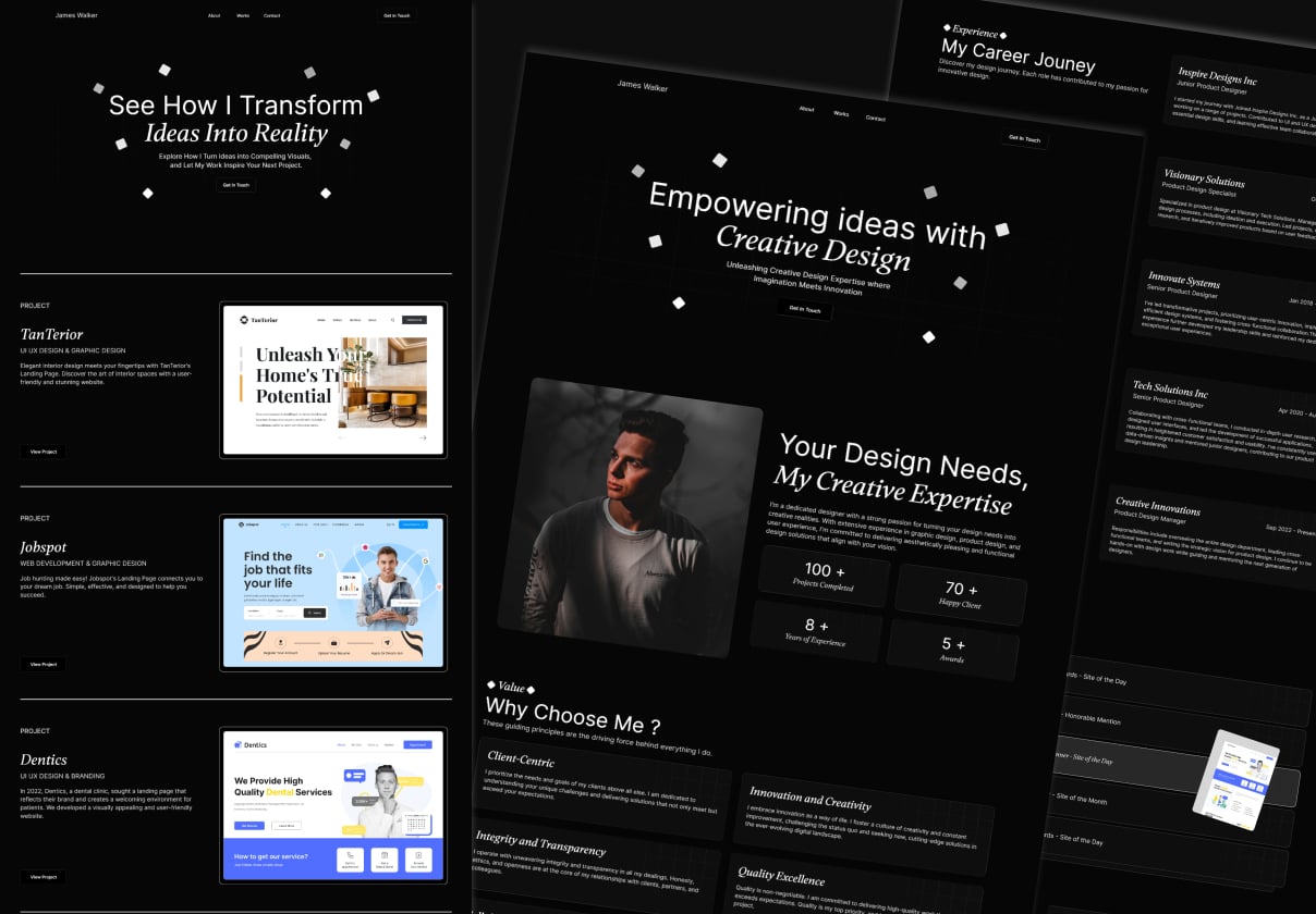 Specter - Portfolio Framer Template: A dark, editorial Framer portfolio template for designers who want case studies, stats, and an experience timeline to carry the page.