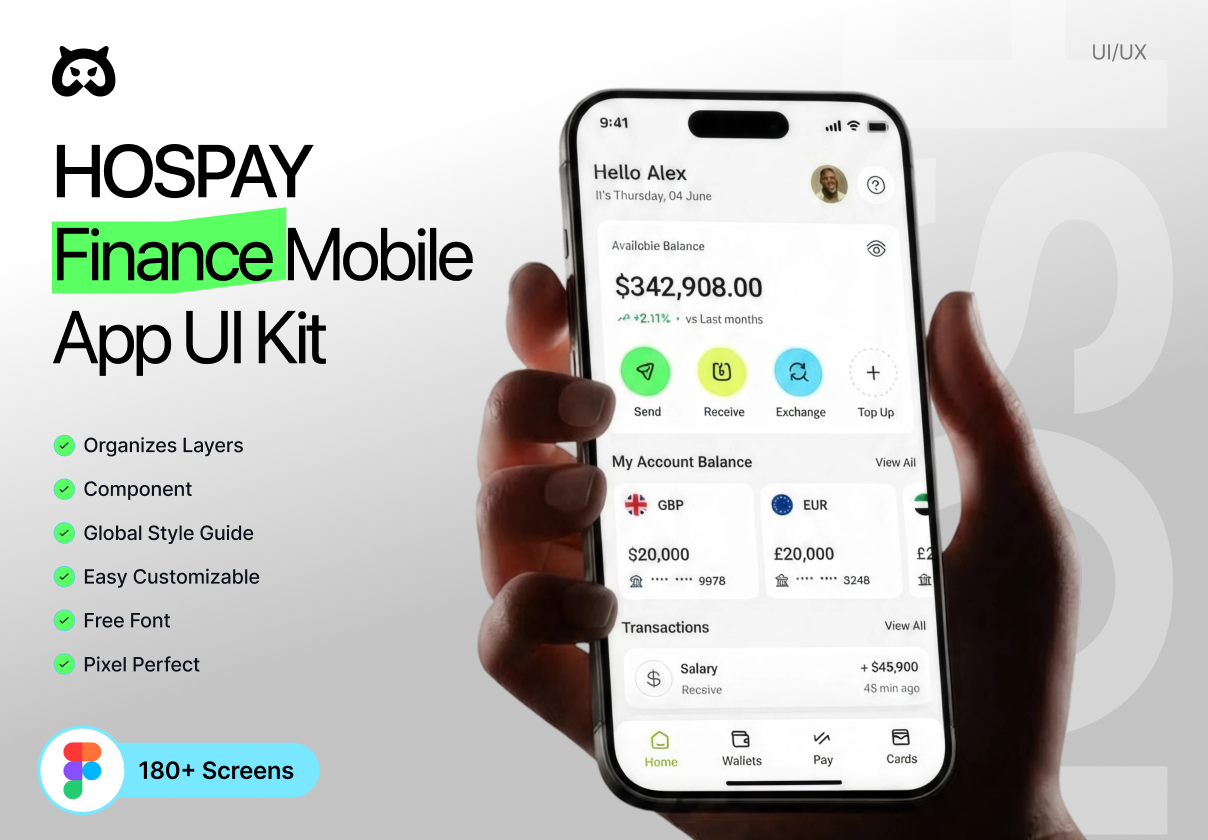 HOSPAY – Finance Mobile App UI Kit & Figma Design System - Mobile design asset by ui8