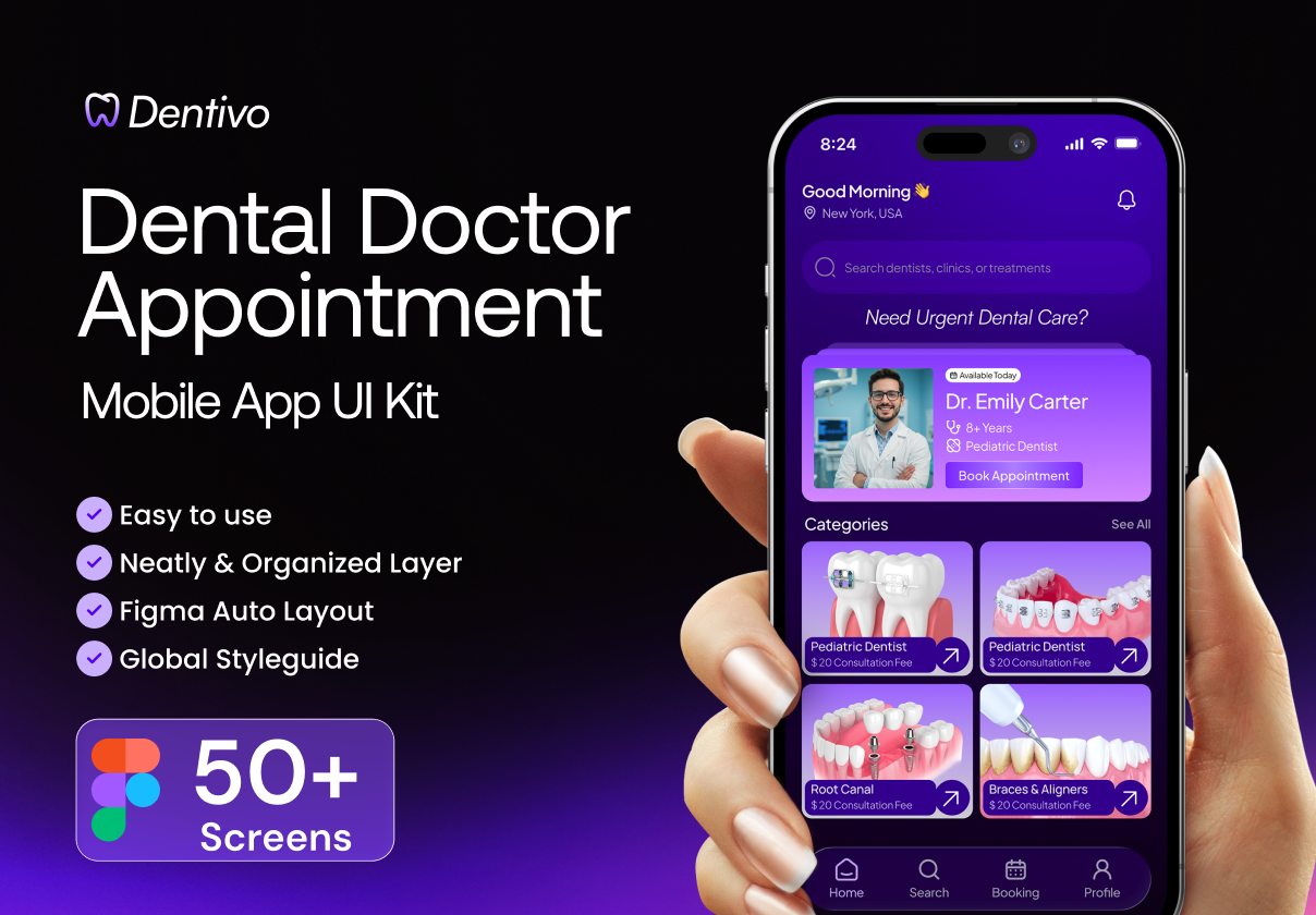 Dental Doctor Appointment Mobile App UI Kit - Mobile design asset by ui8