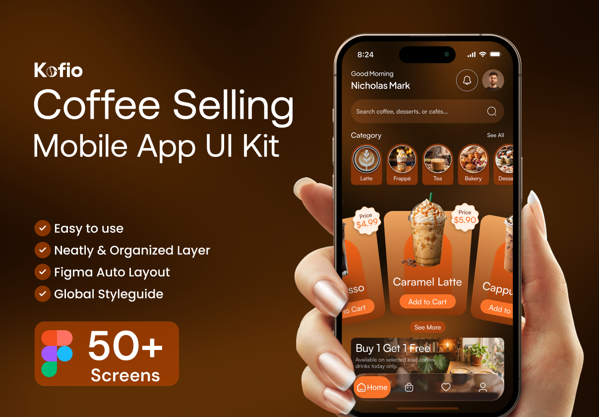 Kofio- Coffee Selling Mobile App Figma UI Kit - Mobile design asset by ui8