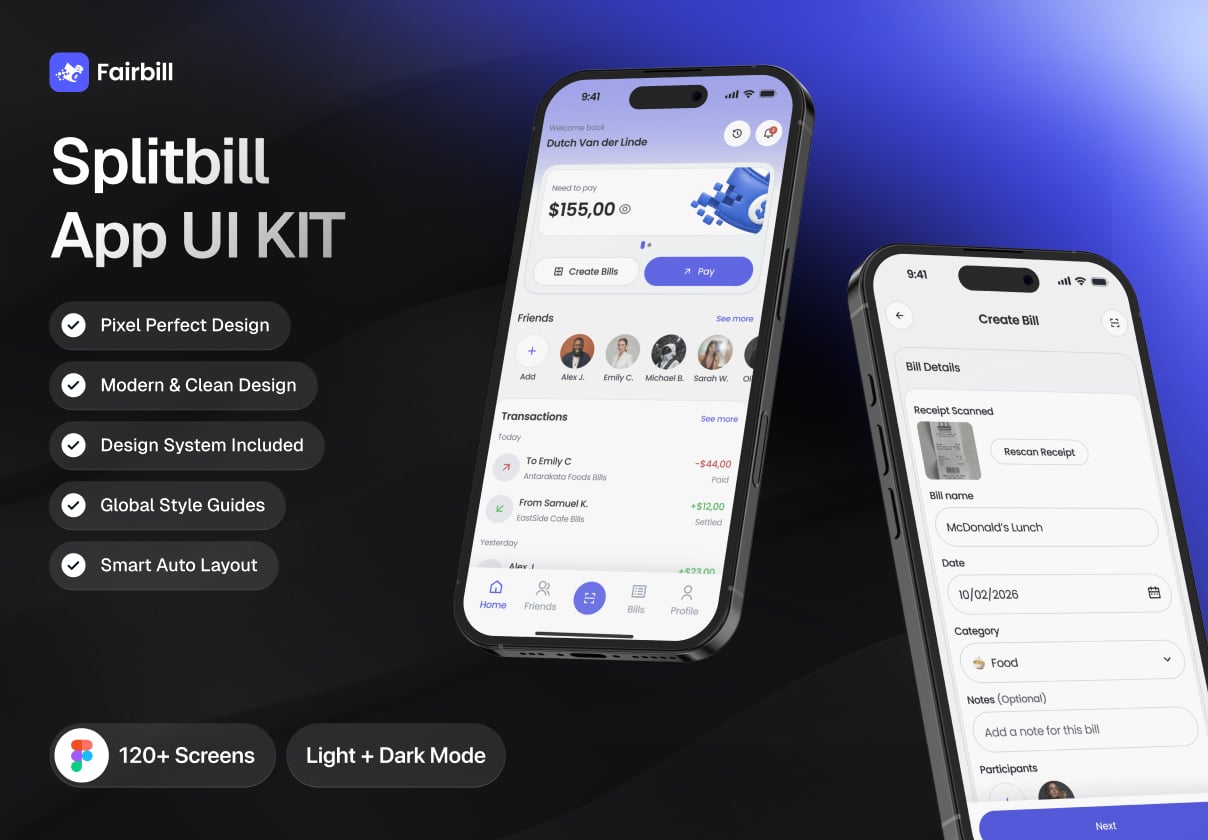 Fairbill - Splitbill App UI Kit - Mobile design asset by ui8