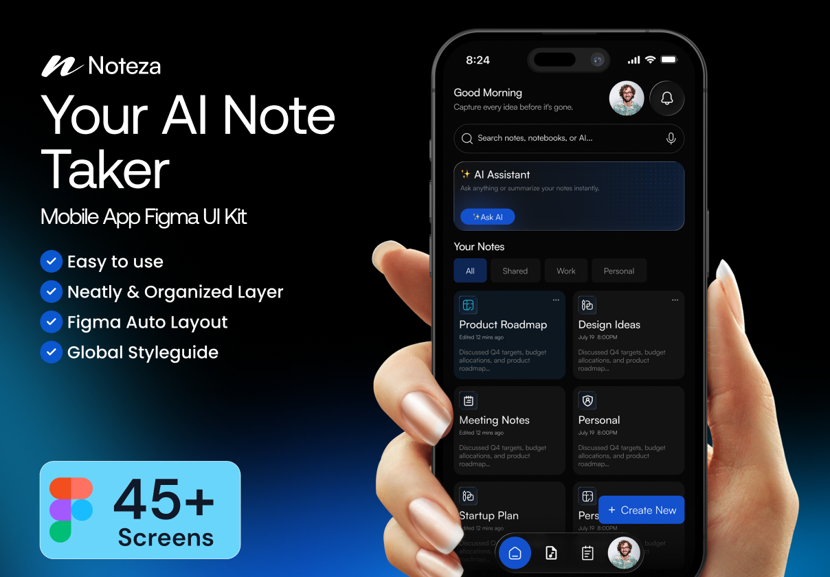 Noteza – Your AI Note Taker Mobile App Figma UI Kit - Mobile design asset by ui8