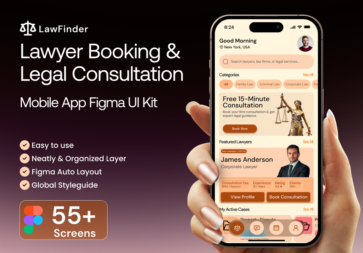 Lawyer Booking & Legal Consultation  Mobile App Figma UI Kit - Mobile design asset by ui8