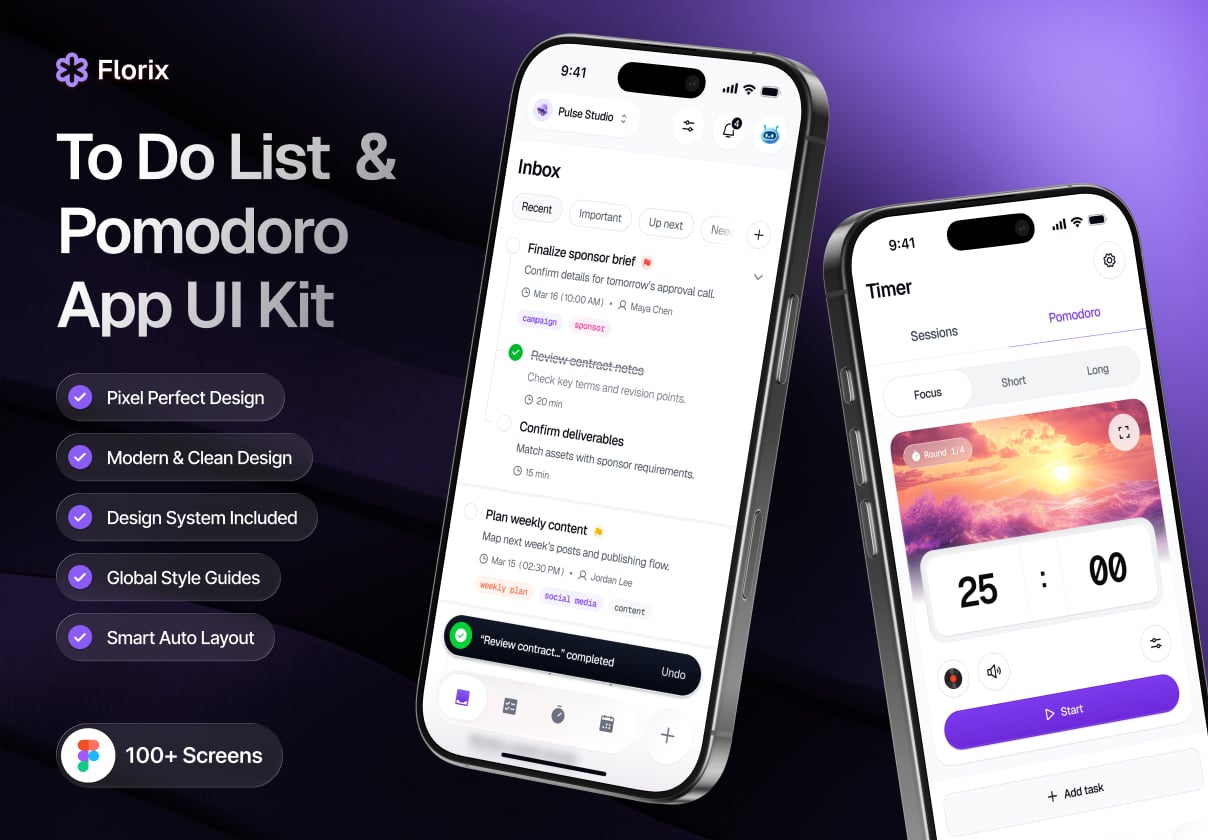 Florix - To Do List & Pomodoro App UI Kit - Mobile design asset by ui8