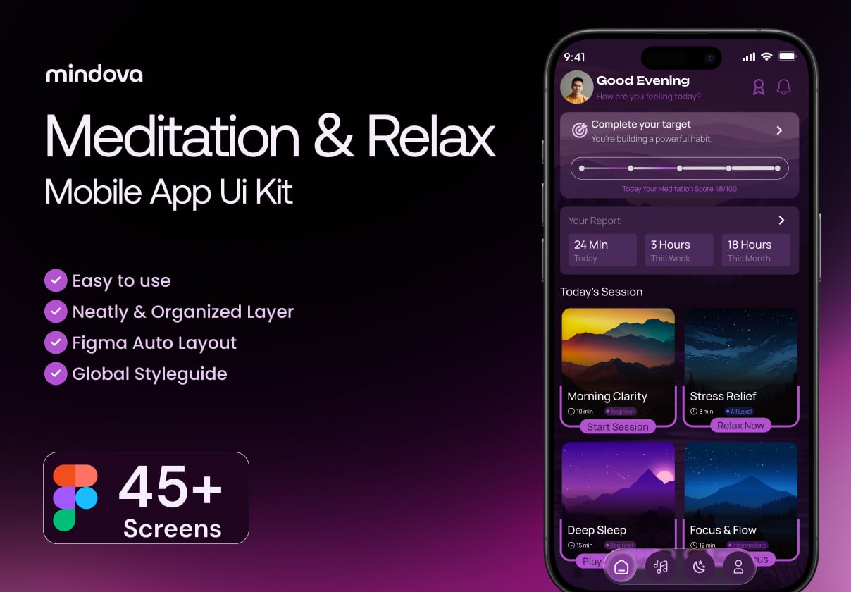 Mindova – Meditation & Relax Mobile App Figma UI Kit - Mobile design asset by ui8