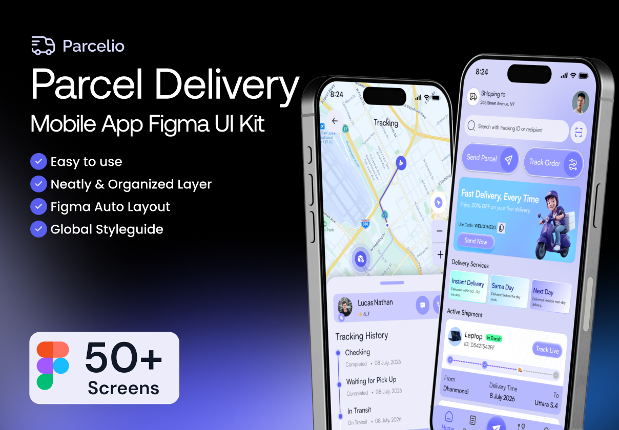 Parcelio – Parcel Delivery Mobile App Figma UI Kit - Mobile design asset by ui8