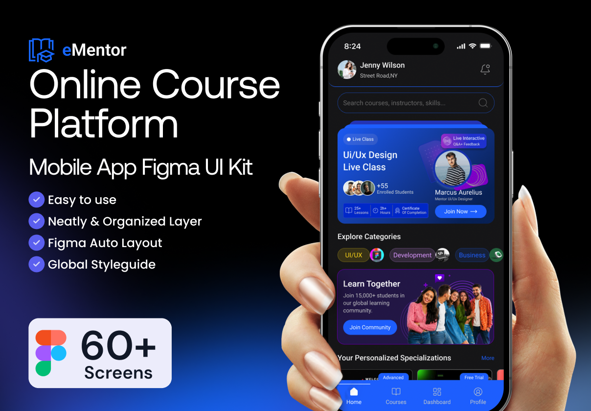 eMentor – Online Course Platform Mobile App Figma UI Kit - Mobile design asset by ui8