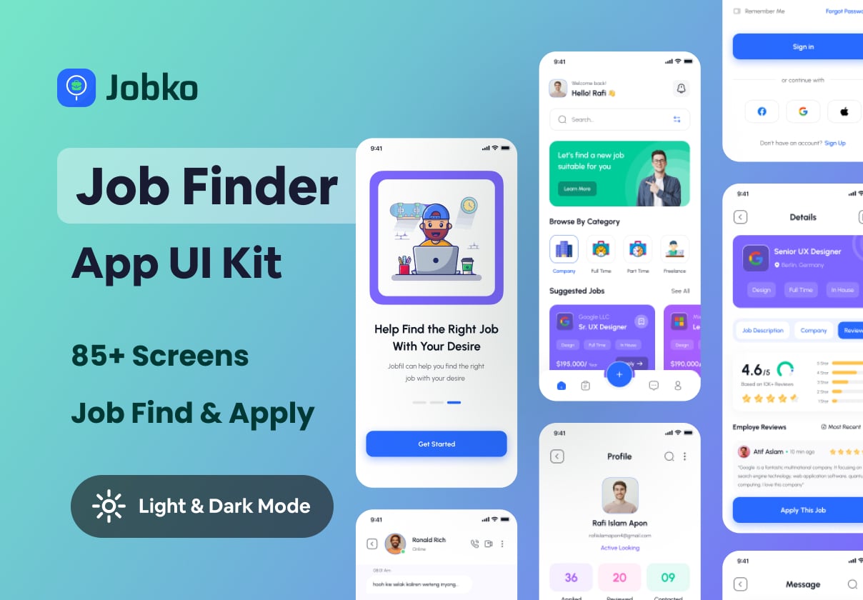 Jobko - Job Finder Mobile App UI KIt: A job-search mobile UI kit for product designers and founders building hiring or careers apps.