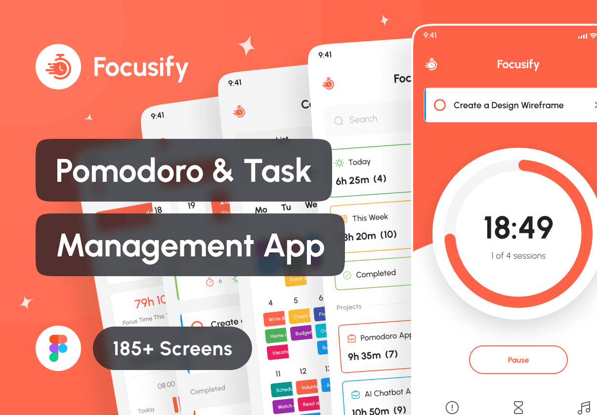 Focusify - Pomodoro & Task Management App UI Kit: A Figma UI kit for designers building focus, Pomodoro and task-tracking mobile apps who need screens fast.