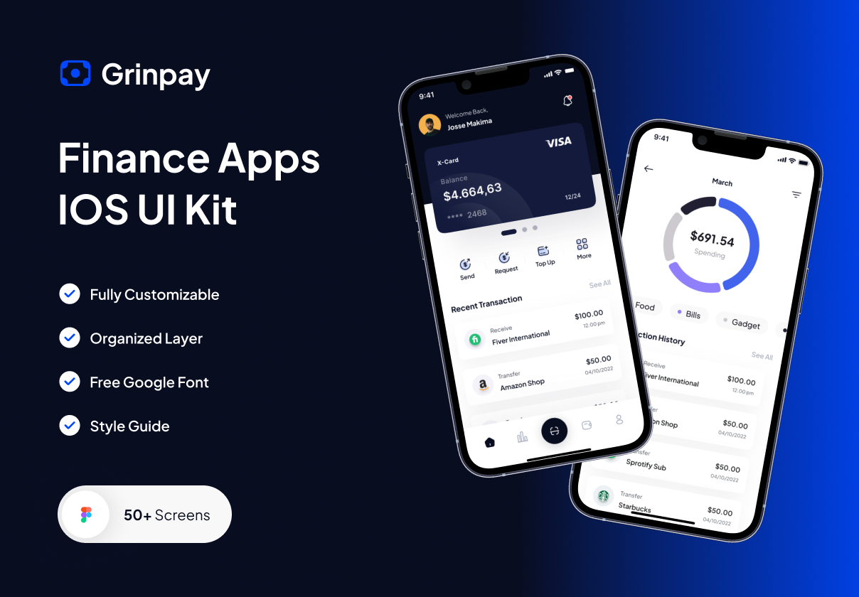 Grinpay - Finance Apps IOS UI Kit - Mobile design asset by ui8