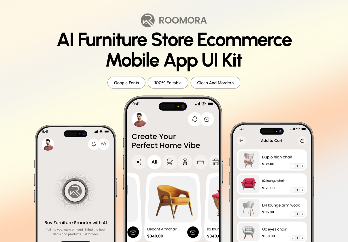 Roomora - AI Furniture Store Ecommerce Mobile App UI Kit