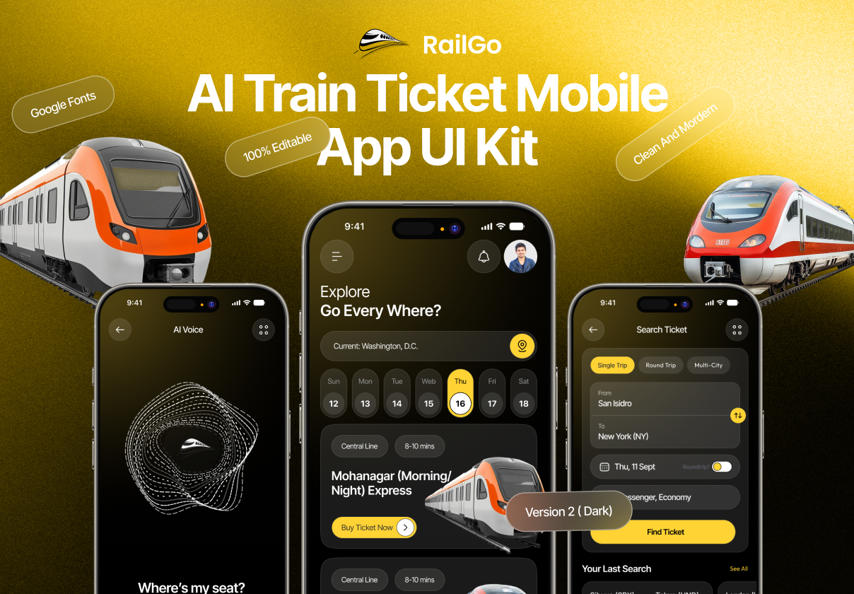 RailGo - AI Train Ticket Mobile App UI Kit V2 ( Dark ) - Mobile design asset by ui8