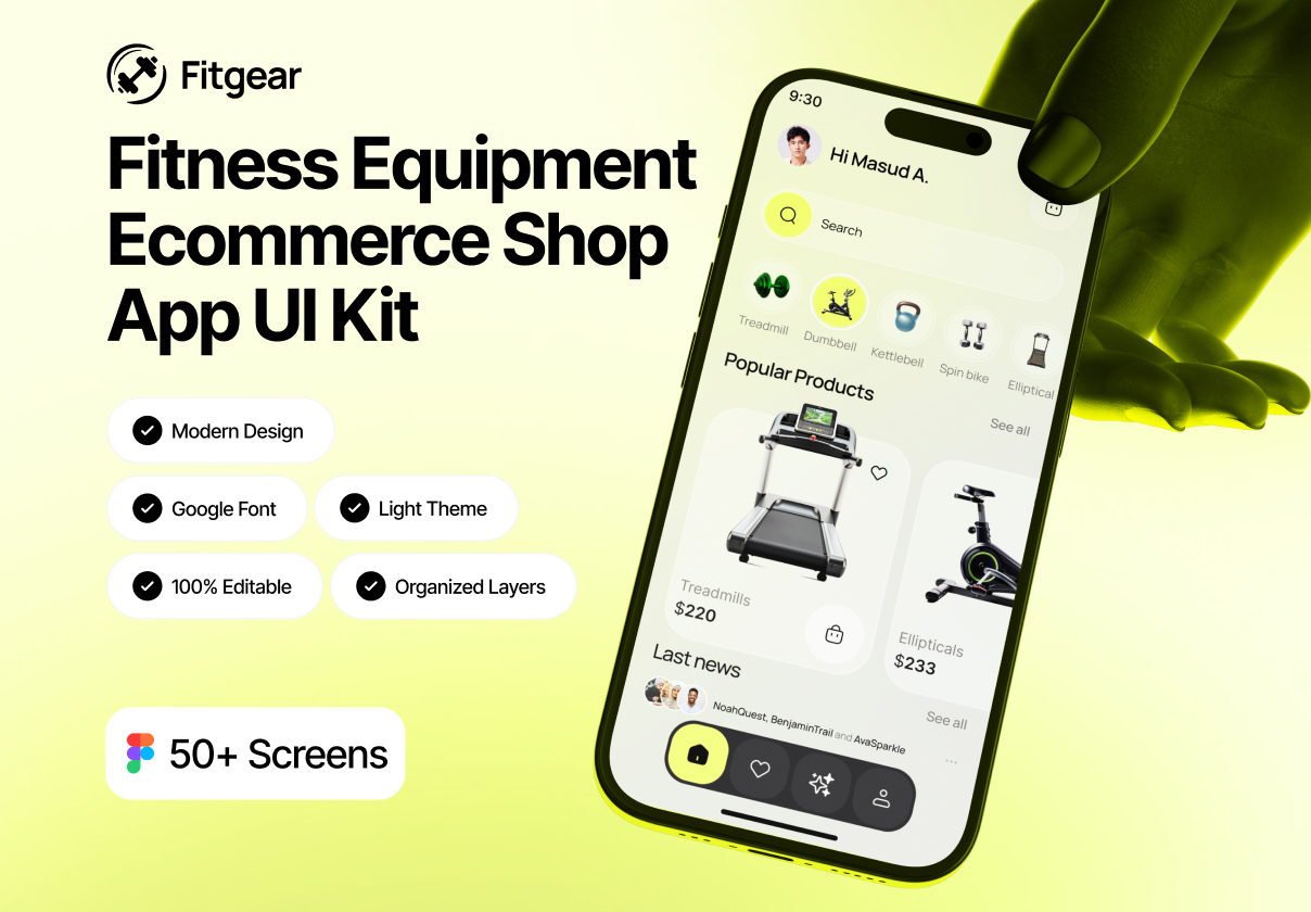 Fitgear - AI Fitness Equipment Ecommerce Shop App UI Kit