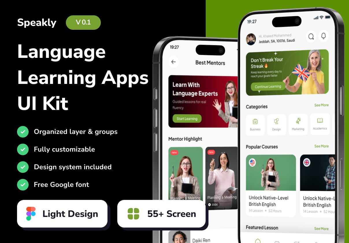 Speakly - Language Learning Mobile App UI Kits - Mobile design asset by ui8