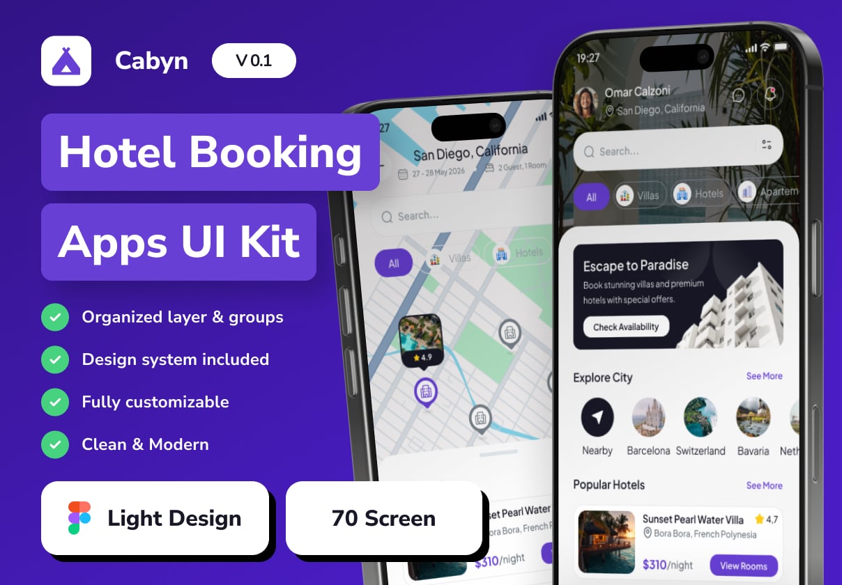 Cabyn - Hotel & Villa Booking Mobile App UI Kit - Mobile design asset by ui8