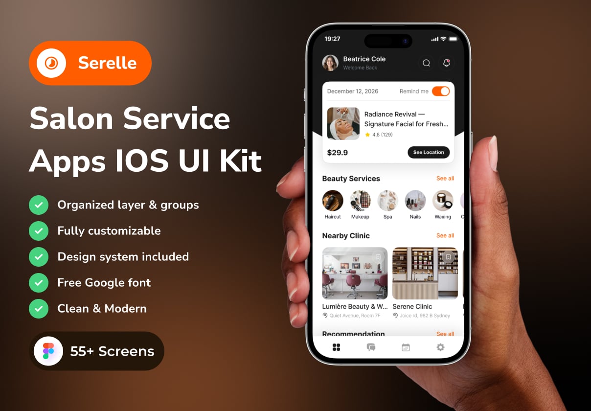 Serelle - Salon Service App IOS UI Kits - Mobile design asset by ui8