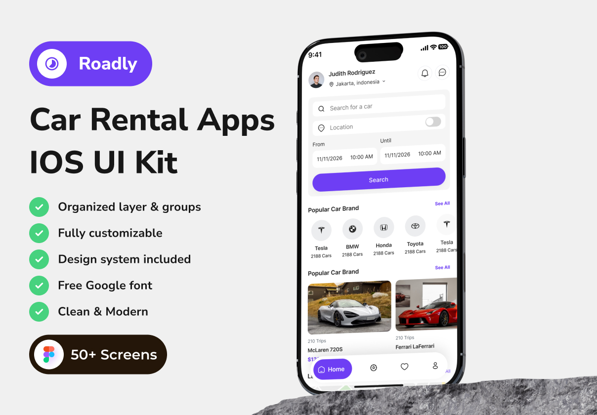Roadly - Car Rental App IOS UI Kits - Mobile design asset by ui8