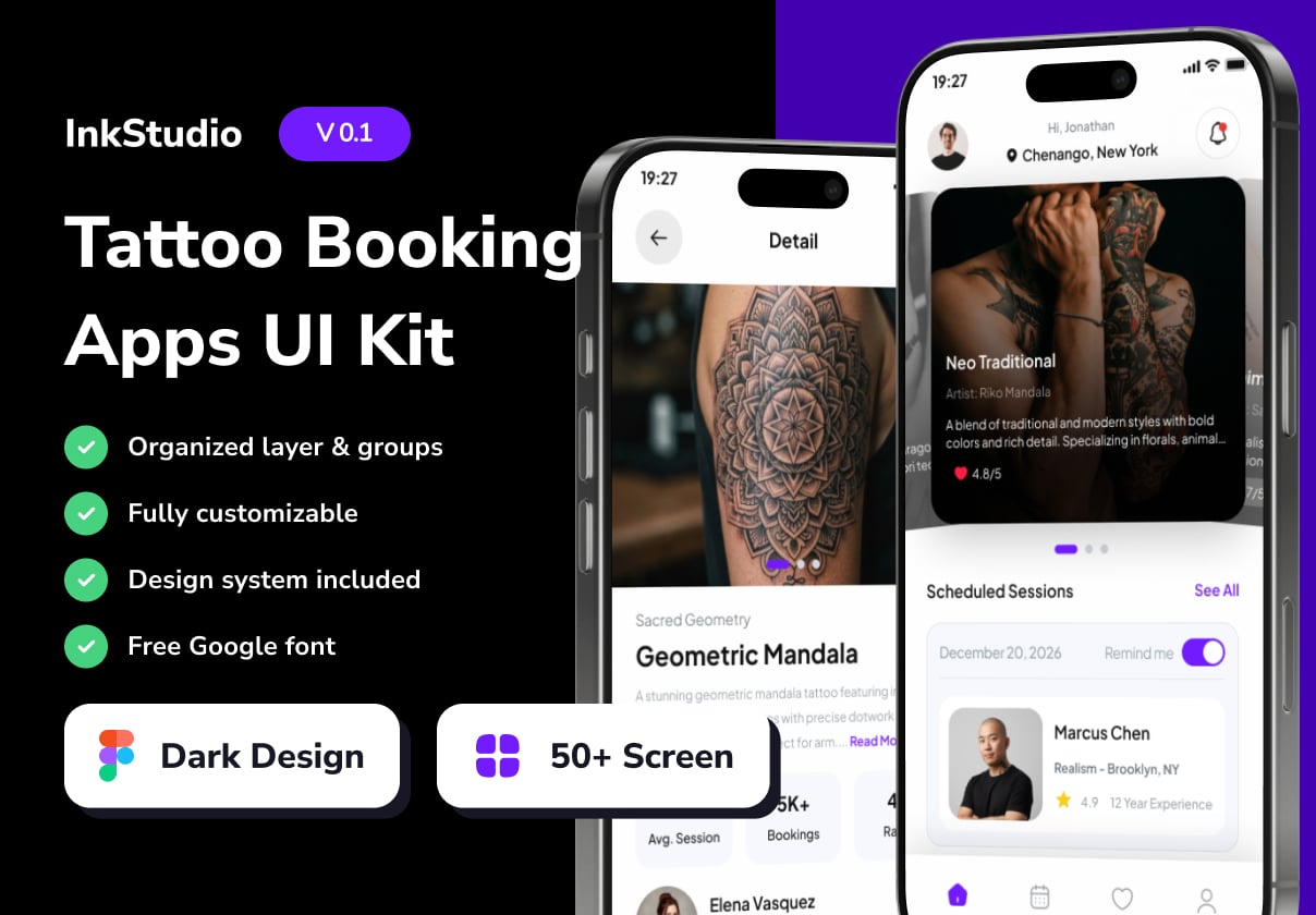 InkStudio - Tattoo Booking Mobile App UI Kits - Agency, Mobile design asset by ui8
