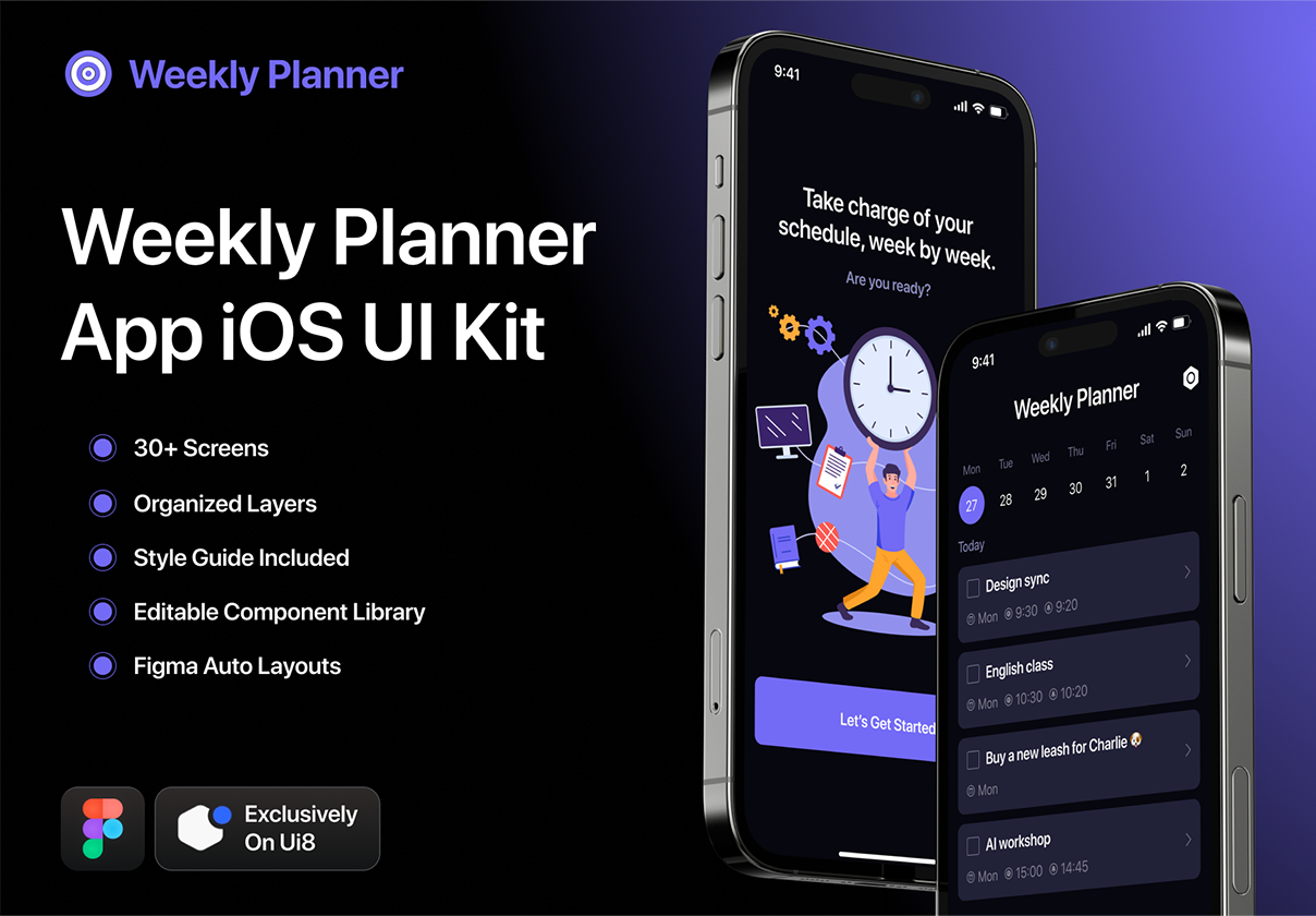 Weekly Planner App UI Kit - Mobile design asset by UI8