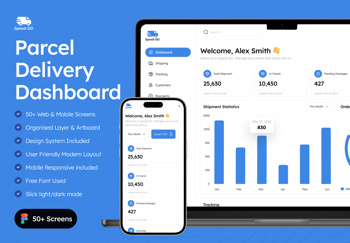 Speedi Go - Parcel Delivery Dashboard Admin UI Kit: A 50+ screen admin UI kit for parcel delivery dashboards, with matching web and mobile views.