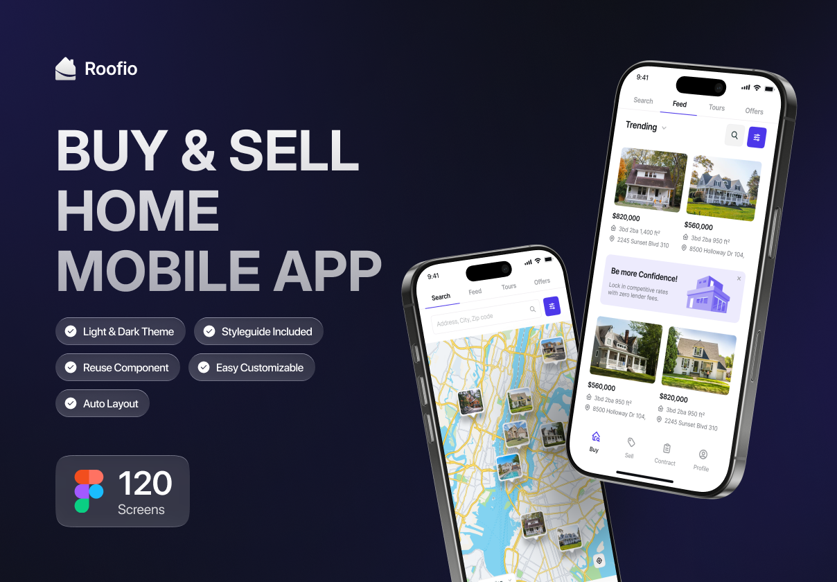Real Estate Buy and Sell Mobile App UI Kit - Roofie