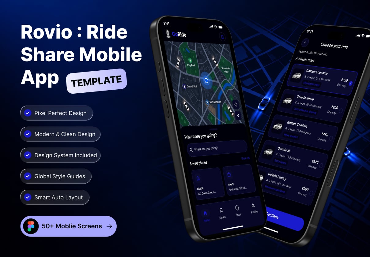 Rovio — Ride Sharing Mobile UI Kit - Mobile design asset by ui8