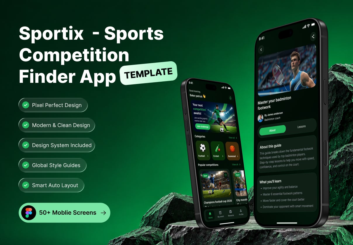 Sportix – Sports Competition Finder Mobile App UI Kit for Figma - Mobile design asset by ui8