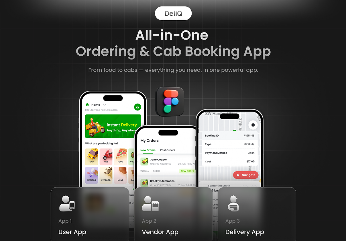 3 Apps  | Ordering & cab Booking App | Figma | DeliQ