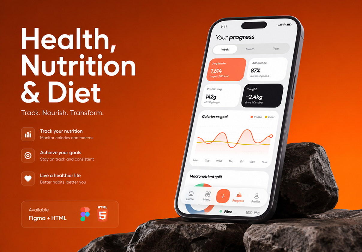 Health, Nutrition & Diet Mobile App UI Kit - Mobile design asset by ui8