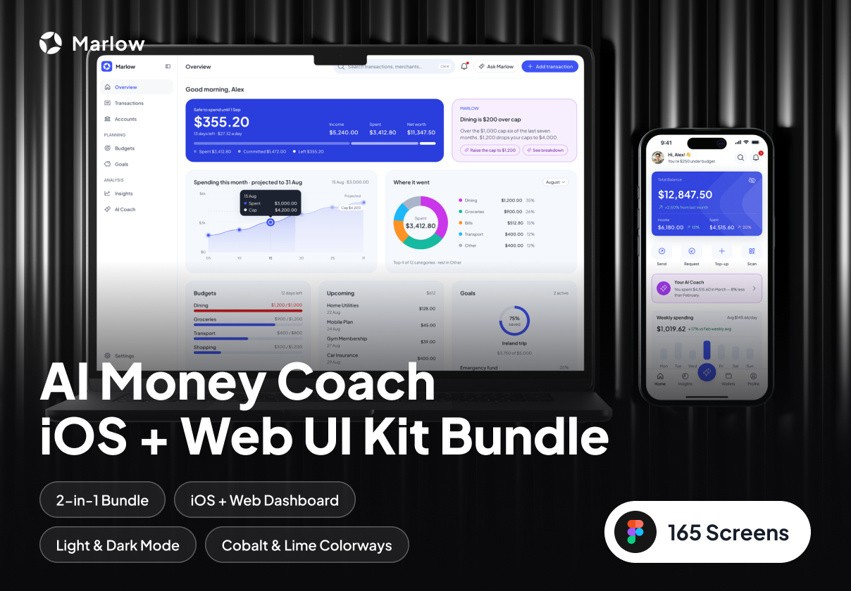 Marlow — AI Money Coach iOS + Dashboard UI Kit Bundle - Dashboard, Mobile design asset by ui8