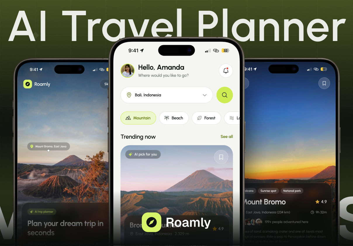 Roamly – AI Travel Planner Mobile App UI Kit - Mobile design asset by UI8