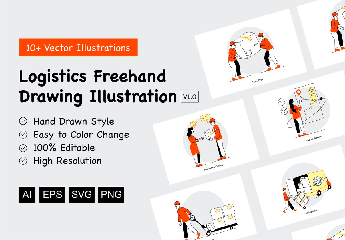Logistics Freehand Drawing Illustration Pack - Uncategorized design asset by ui8