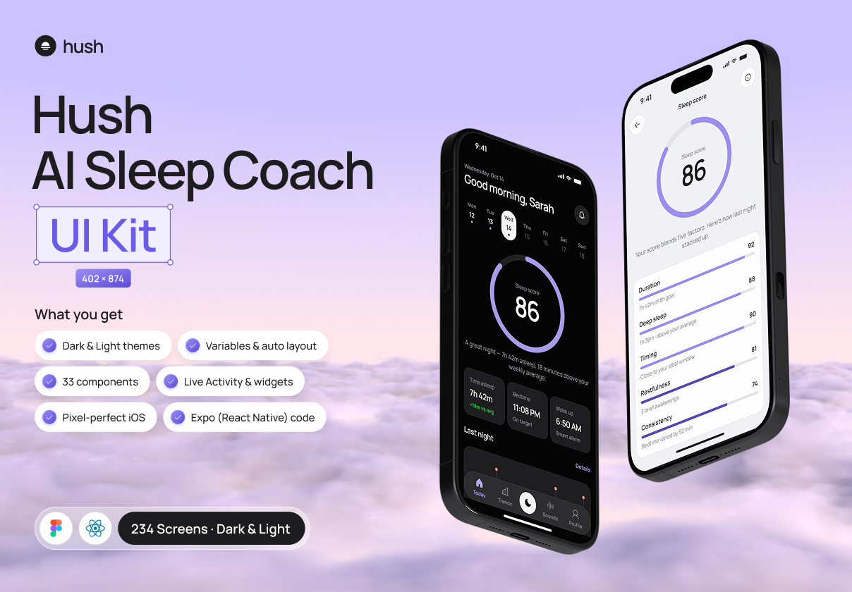 Hush – AI Sleep Coach App UI Kit + Expo Code - Mobile design asset by UI8