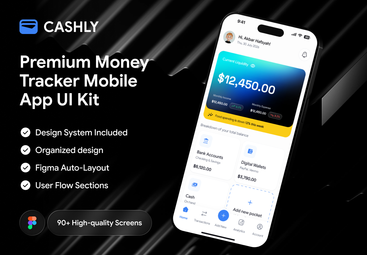 Cashly — Money Tracker Mobile App UI Kit - Mobile design asset by ui8