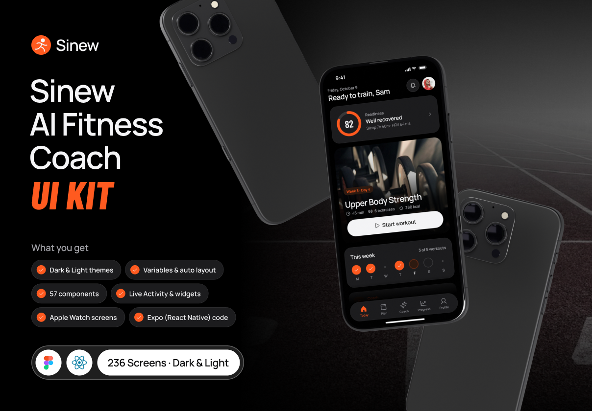 Sinew – AI Fitness Coach App UI Kit + Expo Code - Mobile design asset by UI8