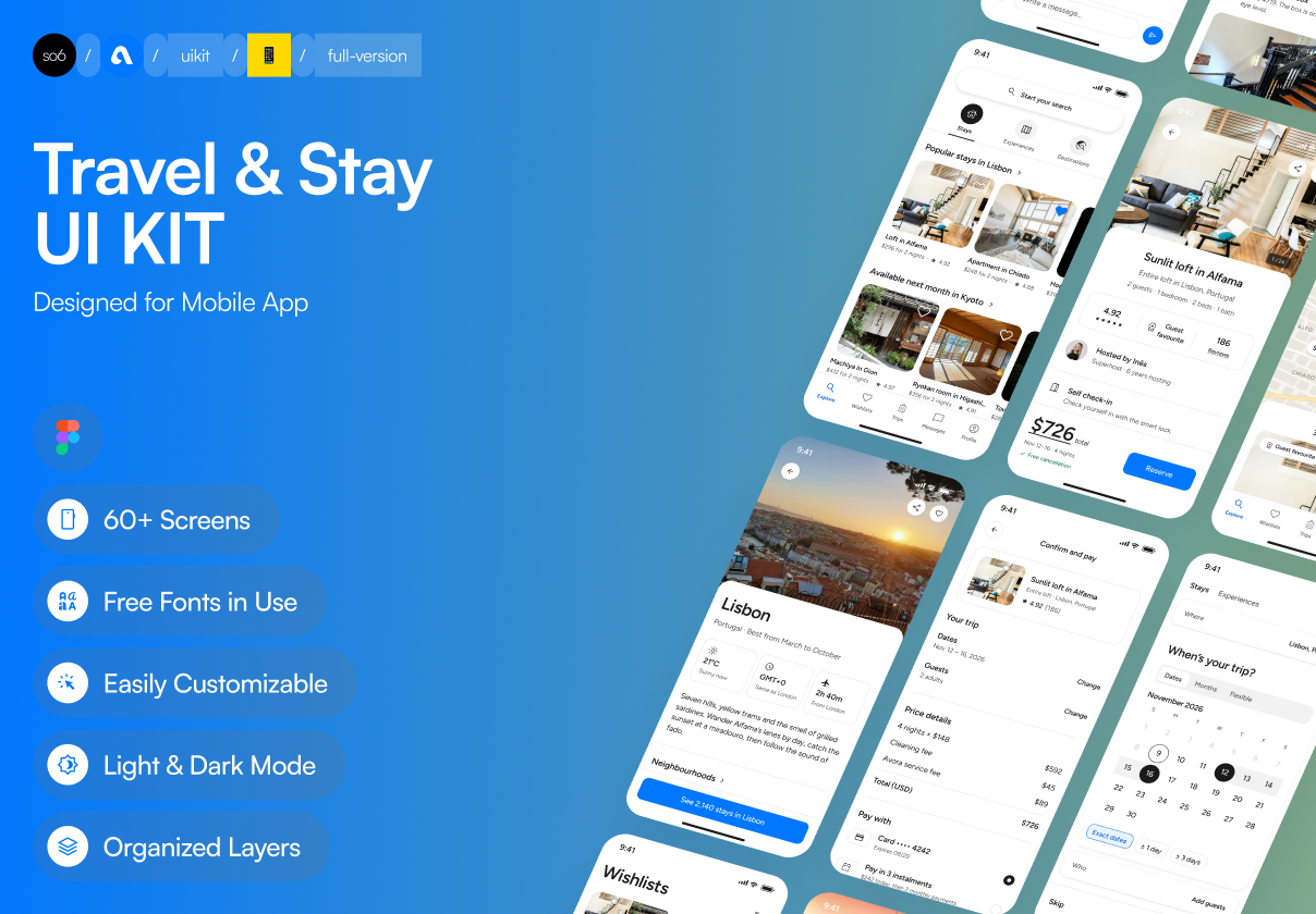 Avora – Travel & Stay Mobile App UI Kit (Dark & Light) - Mobile design asset by UI8