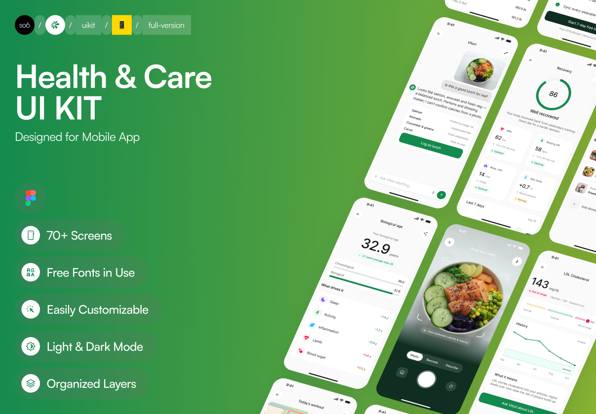 Vitori – Health & Care AI Mobile App UI Kit (Dark & Light) - Mobile design asset by UI8
