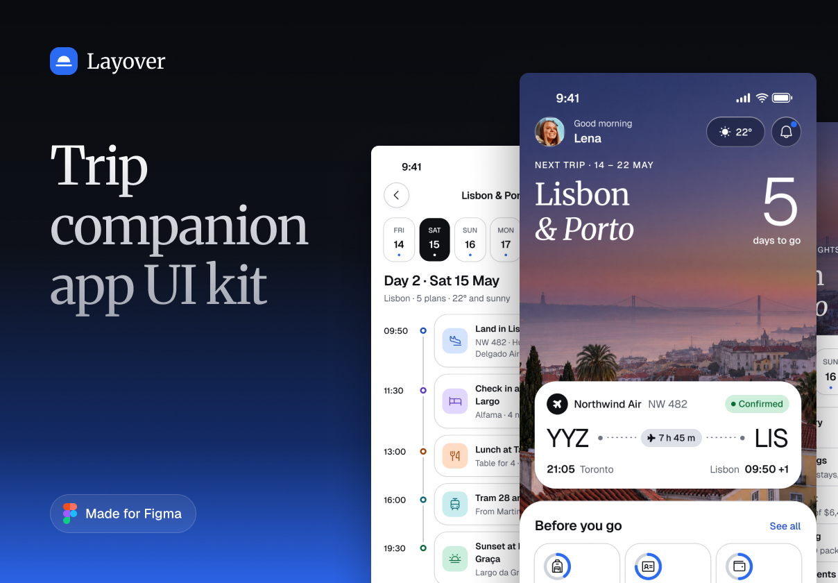 Layover - Trip Companion App UI Kit - Mobile design asset by UI8