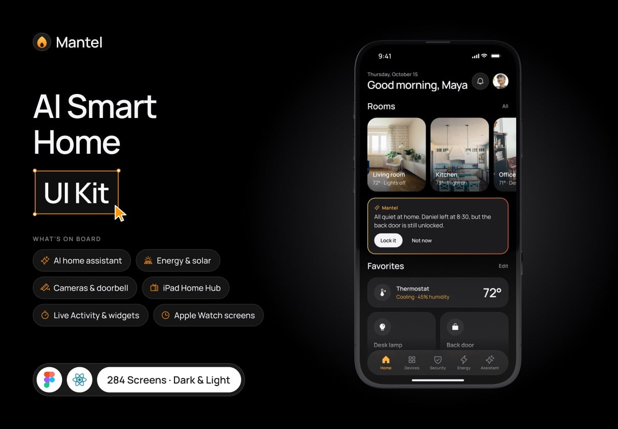 Mantel – AI Smart Home App UI Kit - Mobile design asset by UI8