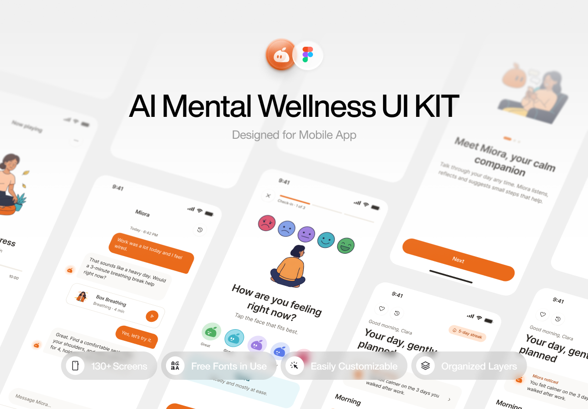 Miora – AI Mental Wellness Mobile App UI Kit (Dark & Light) - Mobile design asset by UI8