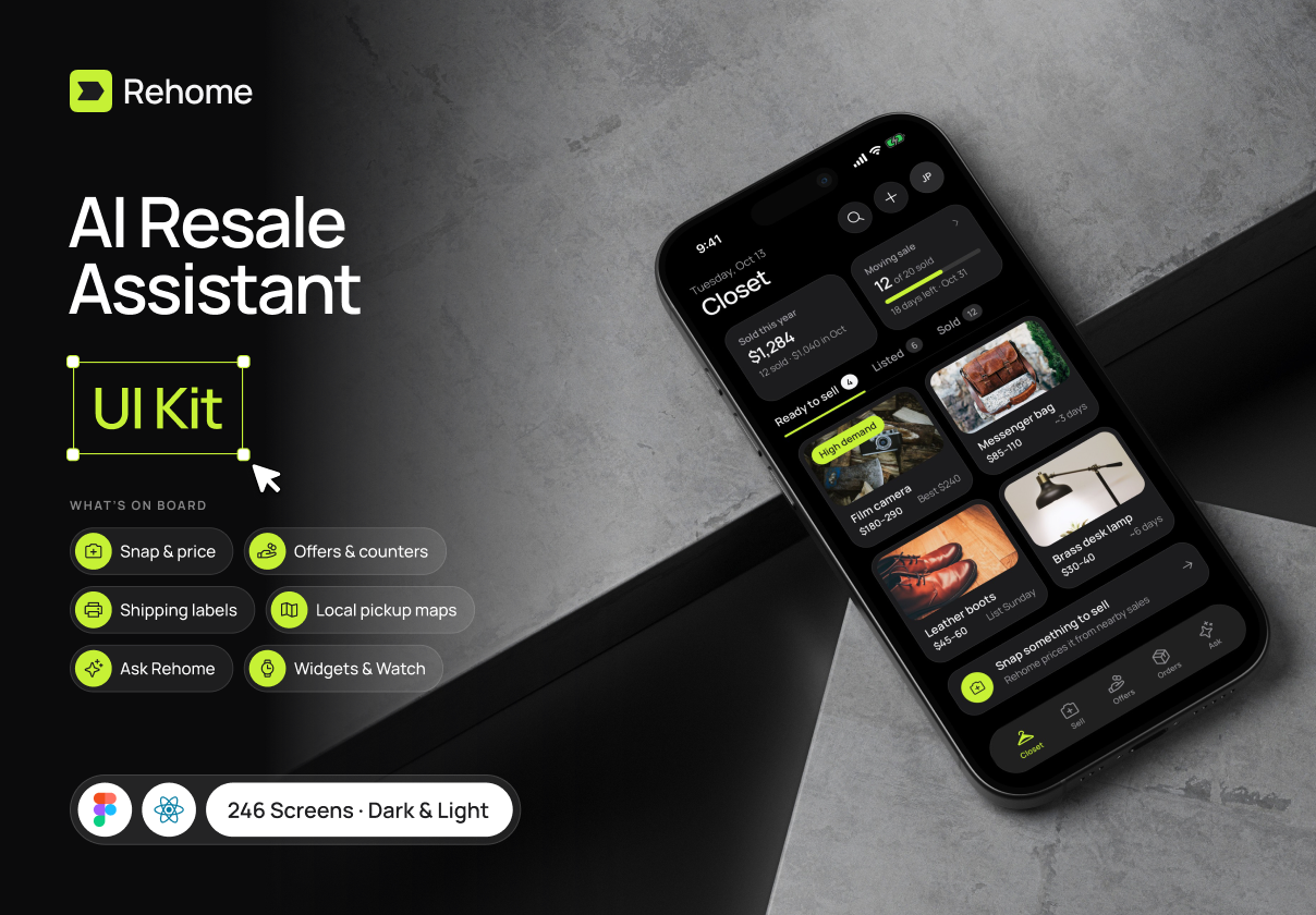 Rehome – AI Resale Assistant App UI Kit - Mobile design asset by UI8