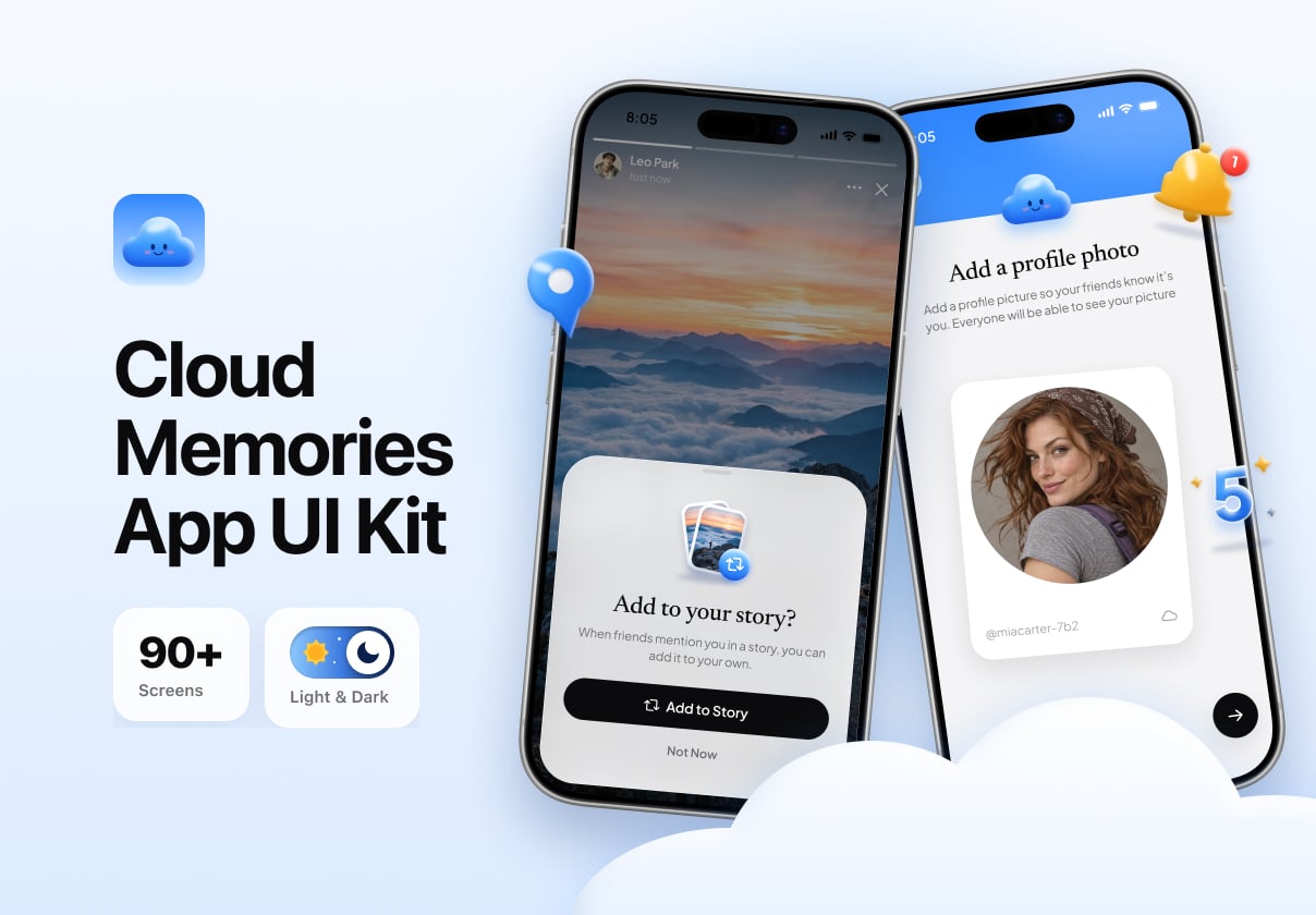 Cloud - Memories & Recommendation App UI Kit - Mobile design asset by UI8